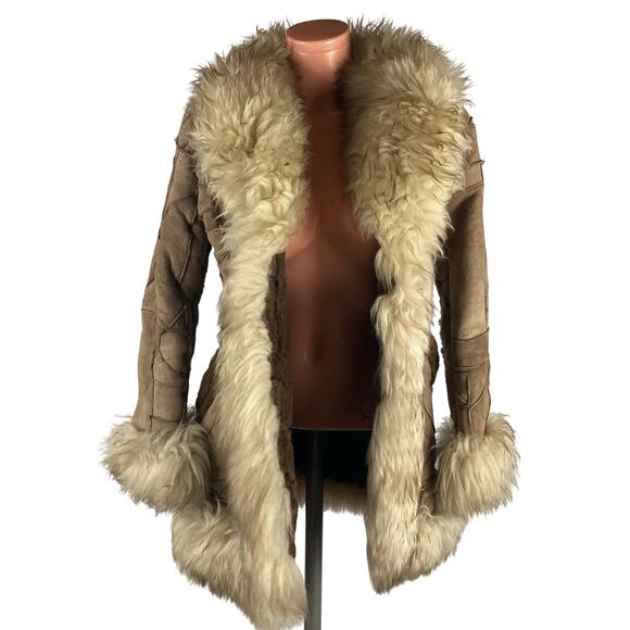 Genuine Shearling Sheepskin Patchwork Leather Coat Jacket Boho fits S - Picture 2 of 12